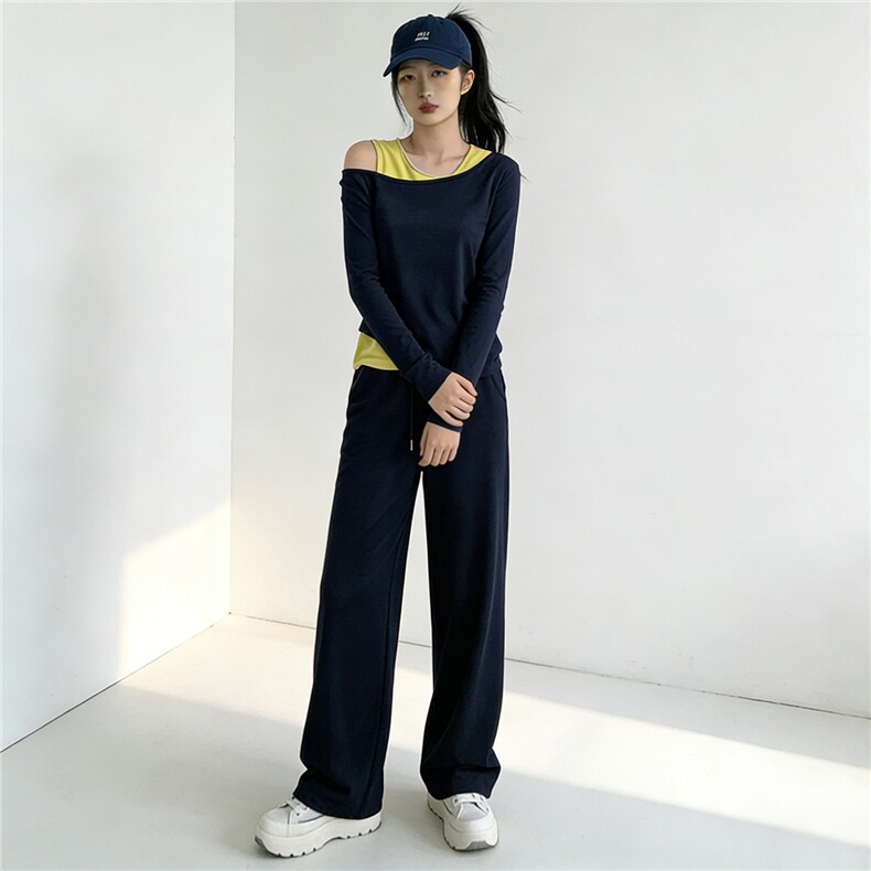 小众撞色真两件斜肩长款套装女春新款时尚气质长袖T恤长裤三件套,女装套装/套裙,江南