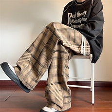 K25103批45控68秋季三条杠男裤子格子直筒裤休闲裤拖地裤长裤，男装休闲裤，电商D229A