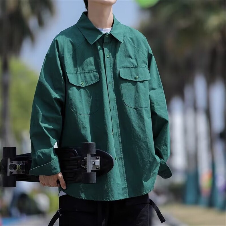 日系重磅长袖衬衫男秋季高级感休闲纯色白色翻领衬衣复古外套bf图片