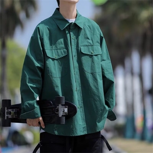 日系重磅长袖衬衫男秋季高级感休闲纯色白色翻领衬衣复古外套bf图片