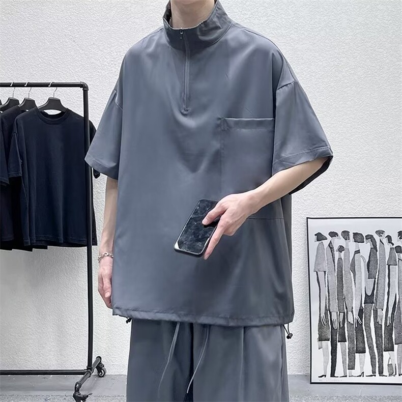 2023港风文艺短袖衬衫男春秋宽松潮流短裤百搭两件套，男装休闲套装，星座716-3