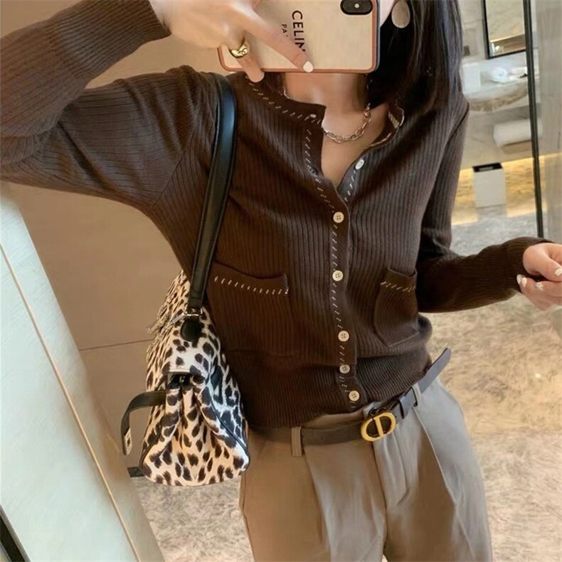 春秋韩版时尚小香风外搭上衣修身显瘦圆领针织短款开衫,针织衫/毛衣,恩泰羊绒
