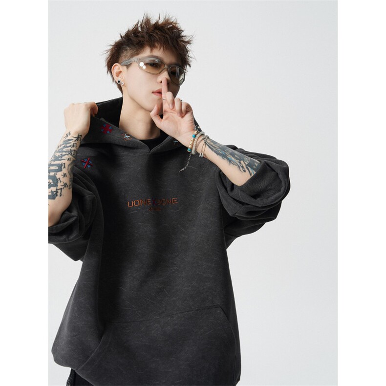 秋冬加绒重磅砂洗做旧刺绣连帽卫衣JF807-特P65控118加绒P70控128图片
