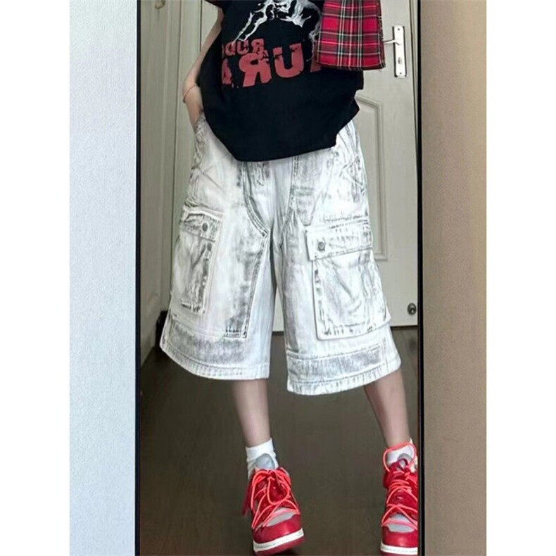 街头白色做旧工装水洗牛仔短裤男女夏款小众多口袋宽松直筒七分裤,男装牛仔裤,星座505-2（原电商A260-1)