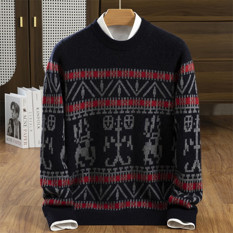 秋冬季35%羊绒个性异域风复古7针加厚圆领半高领提花羊绒衫男装，男装羊绒套衫，隆格羊绒