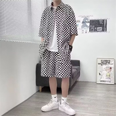 2025夏季美式短袖衬衫套装男士夏季薄款潮流休闲宽松千鸟格，男装衬衫，星座1210-1