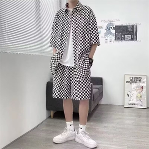 2025夏季美式短袖衬衫套装男士夏季薄款潮流休闲宽松千鸟格图片