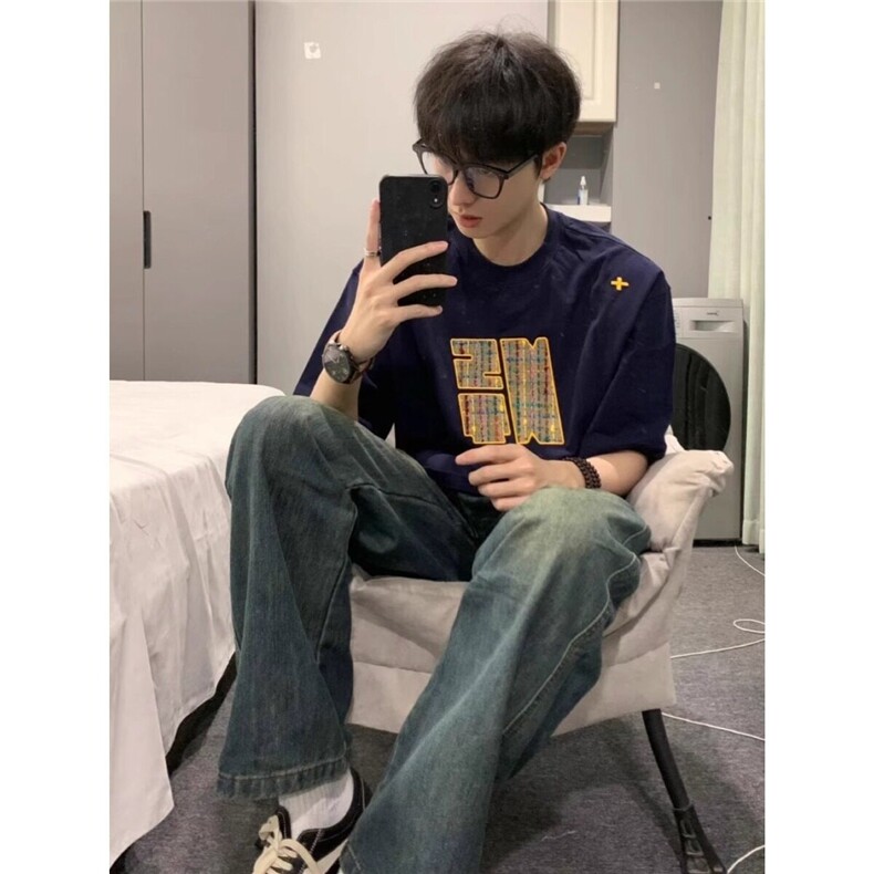 藏青色刺绣高级感情侣款重磅短袖T恤男女春夏季美式复古半袖上衣,男装T恤,星座506A