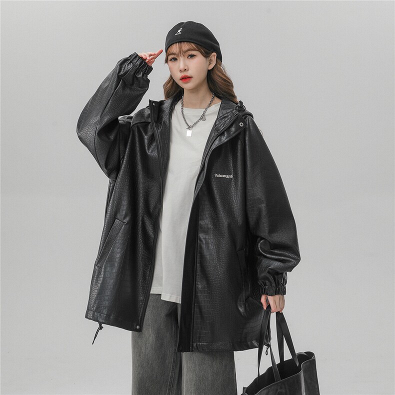 中性连帽鳄鱼纹PU皮衣大码情侣休闲冲锋衣夹克男JK8744P90控128,女装短外套,星座226-1