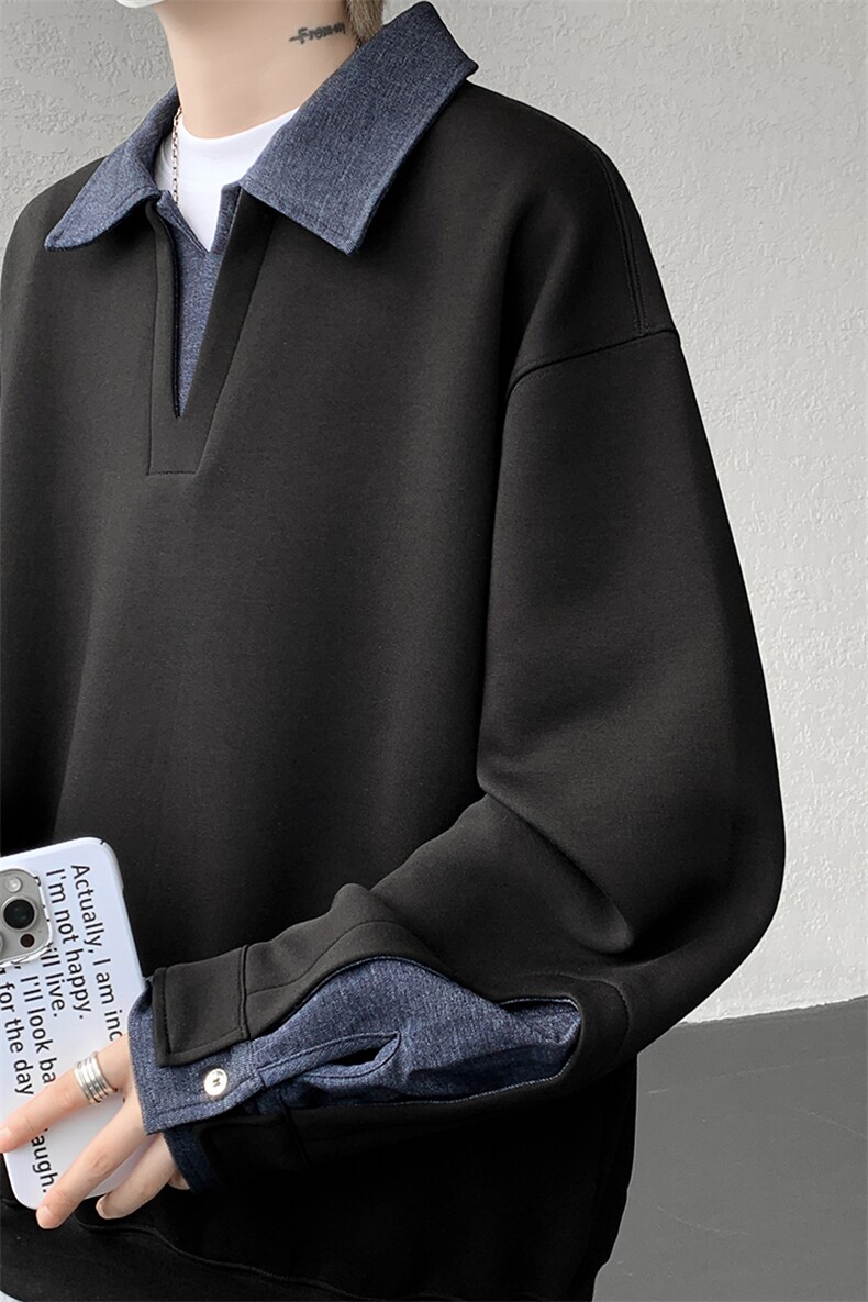 8XL-M美式拼接新款翻领高级感衬衫领运动上衣长袖卫衣男WY26P68,男装衬衫,电商D206-1