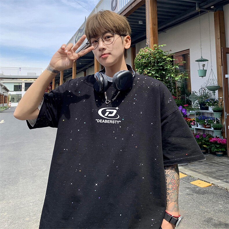 量大优供抖音视频支持得物配合二开美式满天星亮片短袖T恤MTX198,男装T恤,电商A486