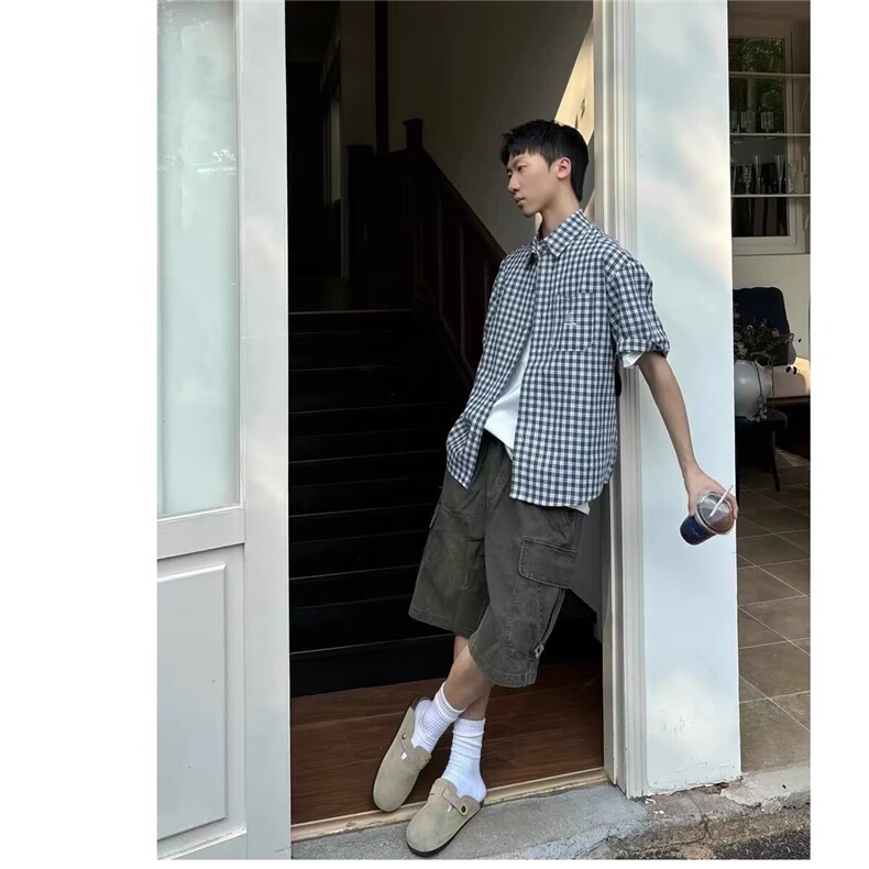 美式街头复古宽松翻领短袖衬衫休闲宽松垂感潮流HTA204-P40,男装T恤,星座208-5