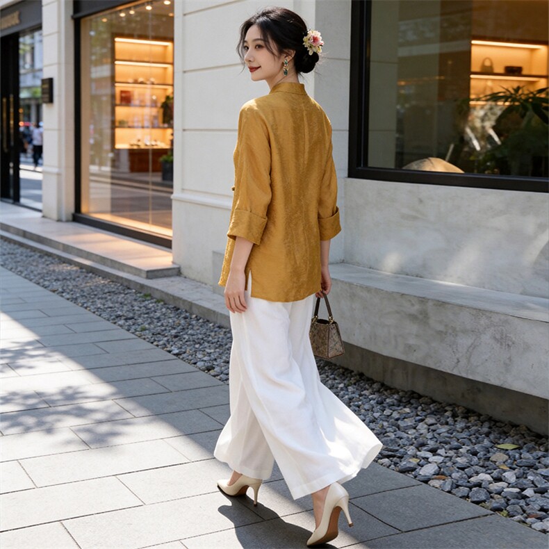 芷墨春季新款新中式设计感两件套套装日常通勤唐装上衣阔腿裤套装,女装套装/套裙,芷墨服饰