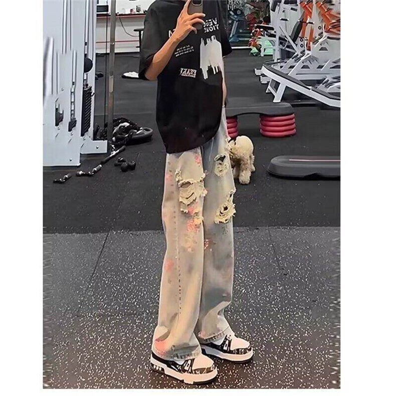 H3311-批50花卉破洞牛仔裤男款夏季显瘦裤子玫瑰满印裤图片
