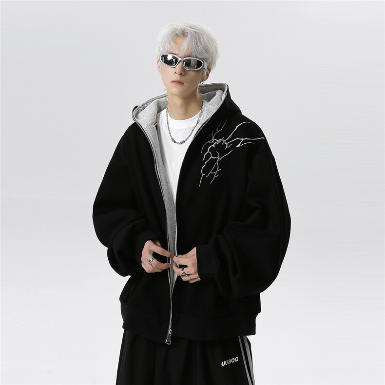 荆棘闪电刺绣开衫卫衣男款春秋季美式重磅硬挺连帽外套JK6031-P78，女装短外套，电商C307