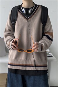 21秋装港风针织衫V领长袖毛衣DK宽松制服学生慵懒风中性W08/P65，男装针织衫/毛衣，钱塘713