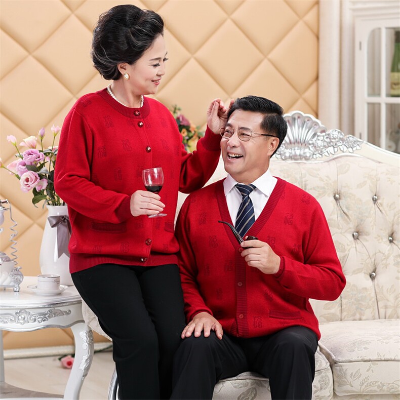 中老年羊毛开衫加绒加厚红色喜庆爸爸妈妈针织毛衣本命年外套,男装中老年男装,亚东羊绒制品