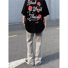 3080-P52解构黑色弯刀牛仔裤男女潮流阔腿宽松风哈伦微喇裤子，男装牛仔裤，电商B323A