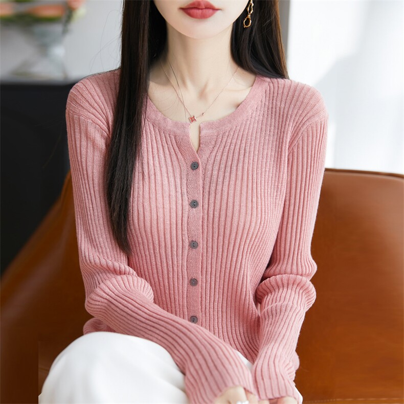 竹节麻圆领坑条开衫,女装T恤,暖娇绒包芯纱店