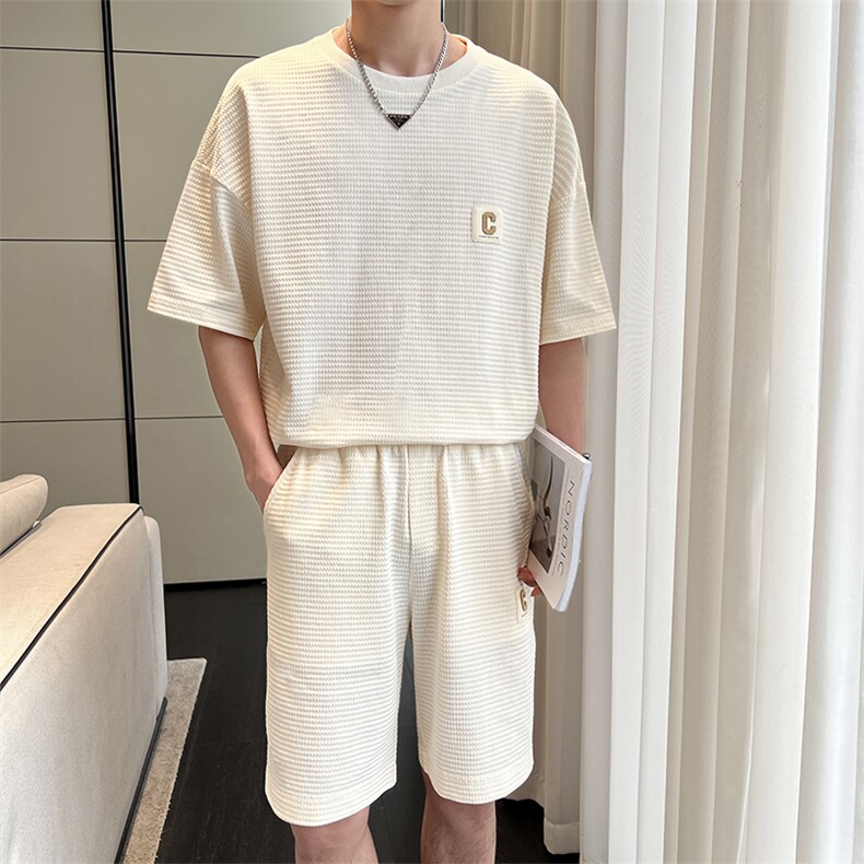 2025夏季轻熟风潮流休闲百搭宽松短袖华夫格套装两件套TZ302-P88，男装T恤，电商A413