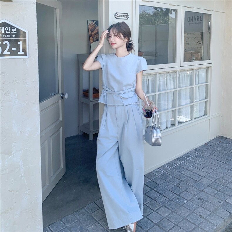 蓝色又酷又飒牛仔套装2025新款女夏流行爆款收腰上衣阔腿裤两件套，女装套装/套裙，2C135