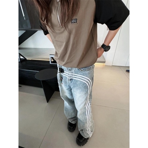 【有货】三条杠牛仔裤男美式复古hiphop裤子高街直筒R951LL-特P48图片