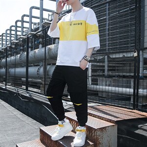 2023夏季男士新款运动休闲短袖体恤套装宽松T恤上衣男装F12P68图片