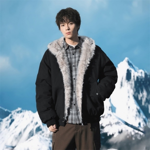 美式座山雕潮百搭显高连帽外套拉链不卡毛加绒毛领棉服1003-TP89图片