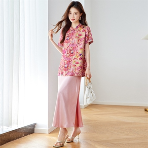 杭州真丝香云纱新中式女短袖上衣复古桑蚕丝醋酸半身裙图片