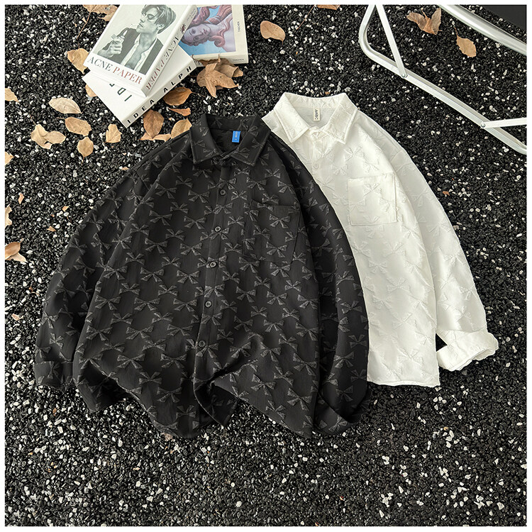 港风发泡提花白色长袖衬衫男小众痞帅宽松衬衣FC47P38,男装衬衫,星座1013-1