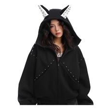得物品质秋款男女连帽卫衣杜宾犬耳朵铆钉宽松情侣外套WY141P75，女装短外套，星座1013-1