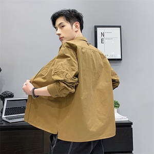 胖胖哥简约纯棉长袖衬衫男秋季休闲百搭纯色宽松大码衬衣潮流上衣图片