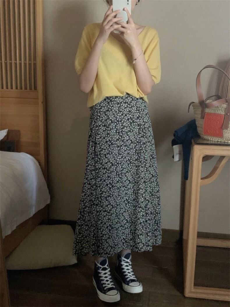 羊绒V领?碎花半裙，女装半身裙，9roove