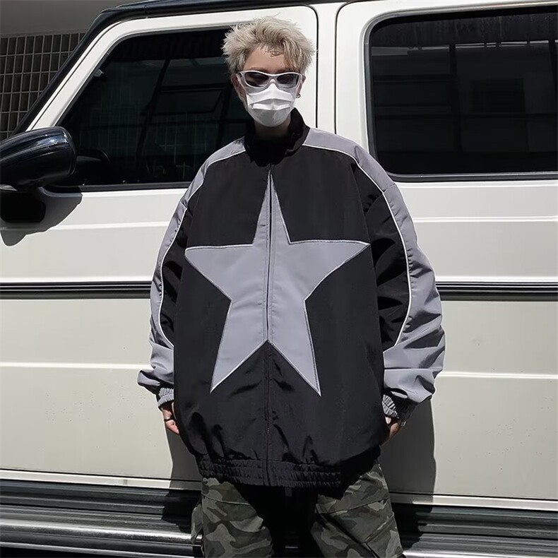 拼色星星冲锋衣ins男女宽松棒球服嘻哈夹克外套1264-P65,男装夹克,星座910-5