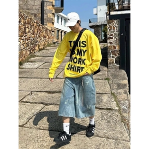 RMDT 原创设计 美式复古牛仔短裤男夏高腰宽松直筒阔腿七分中裤子图片
