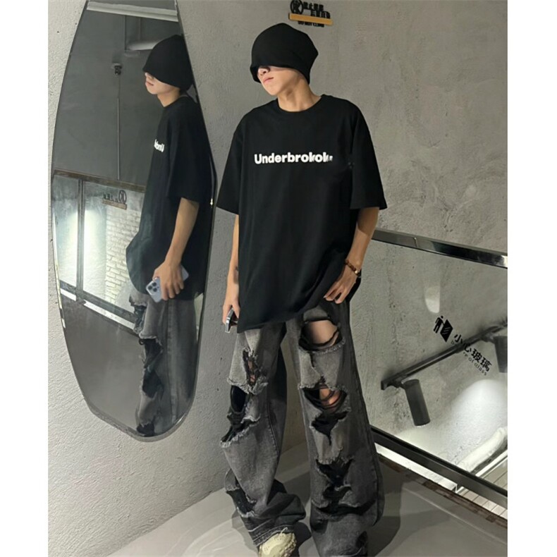 刮烂破洞做旧黑色牛仔裤夏季休闲水洗阔腿裤小众设计长裤子~K1143,男装牛仔裤,星座601-2