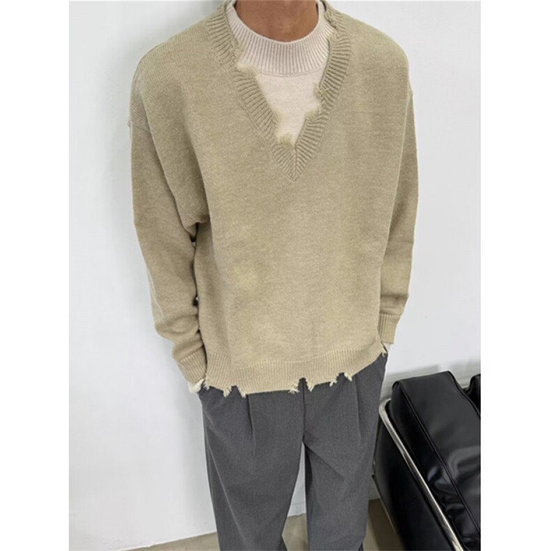 复古假两件破坏毛衣男时尚痞帅慵懒风宽松情侣毛边针织衫M7701,男装针织衫/毛衣,星座1116A（原606A-3）
