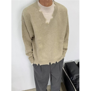复古假两件破坏毛衣男时尚痞帅慵懒风宽松情侣毛边针织衫 M7701图片
