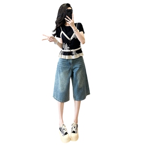 高级感时尚减龄套装女夏设计感蕾丝拼接假两件上衣牛仔中裤两件套图片