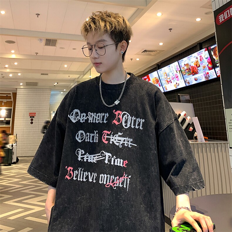 XZ716-1-GT03-P38高街夏装新品水洗做旧高品质短袖T恤玫红，男装T恤，星座716-1