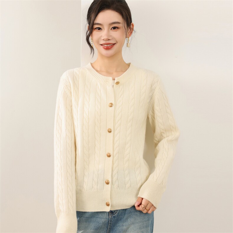 2025年秋季长时尚百搭通勤简约休闲麻花金扣开衫，女装羊毛衫，锦弘羊绒