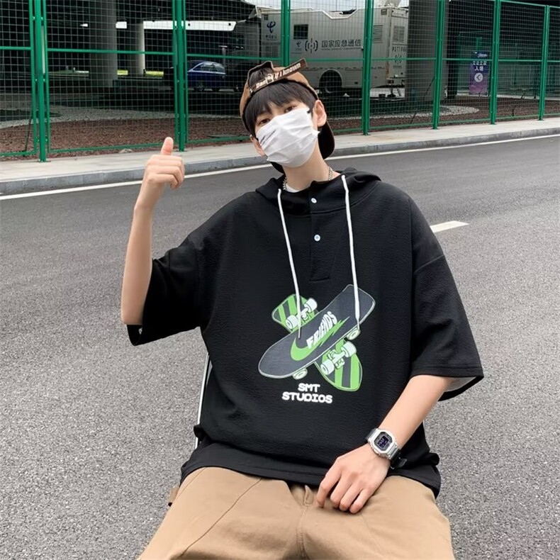 夏季新款男士冰丝连帽短袖t恤连帽男装宽松半袖潮流男孩体恤,男装T恤,星座1013