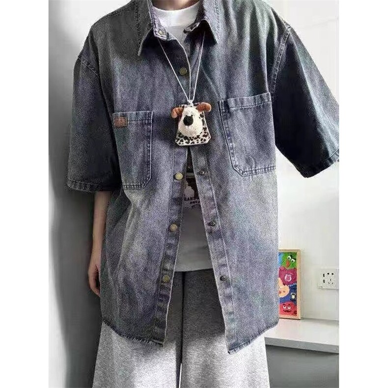美式复古水洗牛仔短袖衬衫夏季潮牌宽松百搭半截袖上衣MJK17,男装T恤,星座208-5