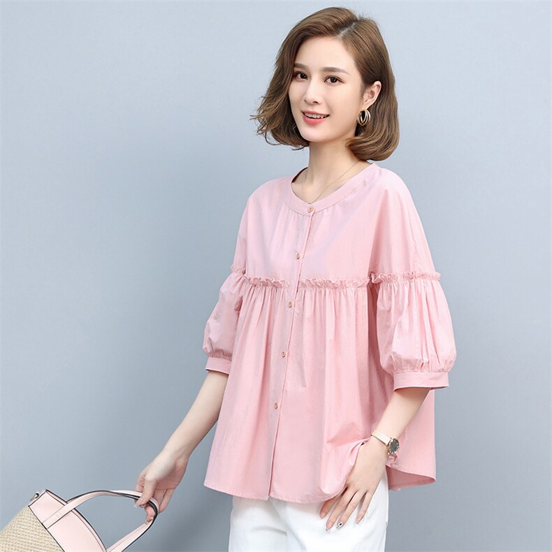 2021夏季新款简约时尚气质圆领单排扣门襟花边褶皱休闲上衣,女装T恤,悦见她