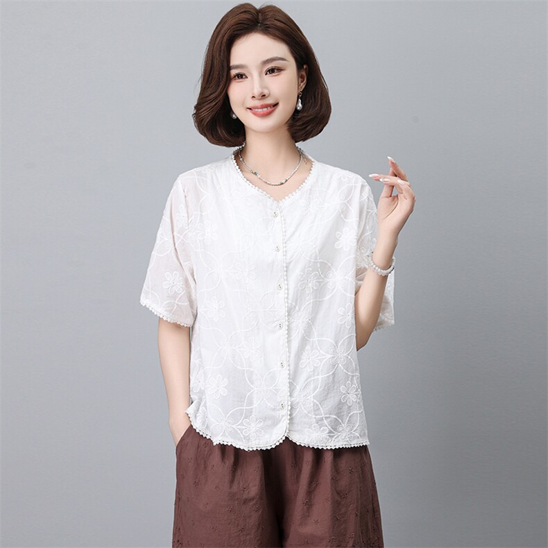 纯棉短袖衬衫女2024夏新款中年妈妈全棉宽松中袖上衣爆款刺绣衬衣,女装大码女装,奕阳依阁