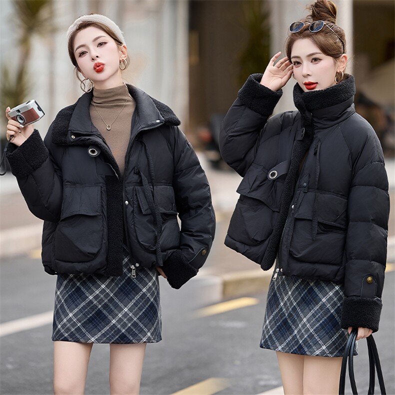 时尚新款仿羊羔毛拼接休闲小个子白鸭绒羽绒服女短款加厚保暖外套,女装羽绒服,采品优优