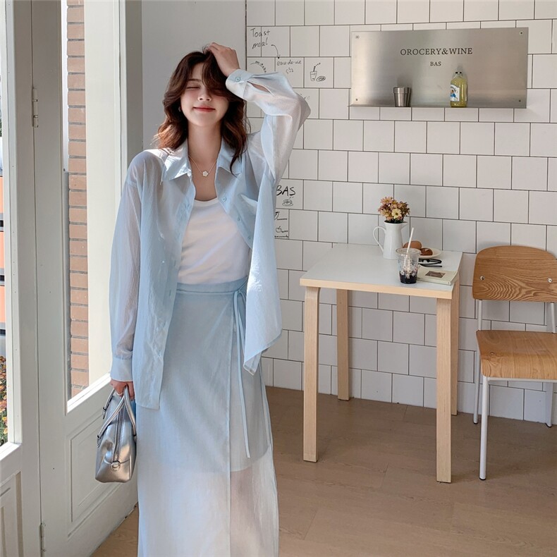 蓝色休闲时尚套装女2025夏季新款气质一整套穿搭衬衫半身裙两件套图片