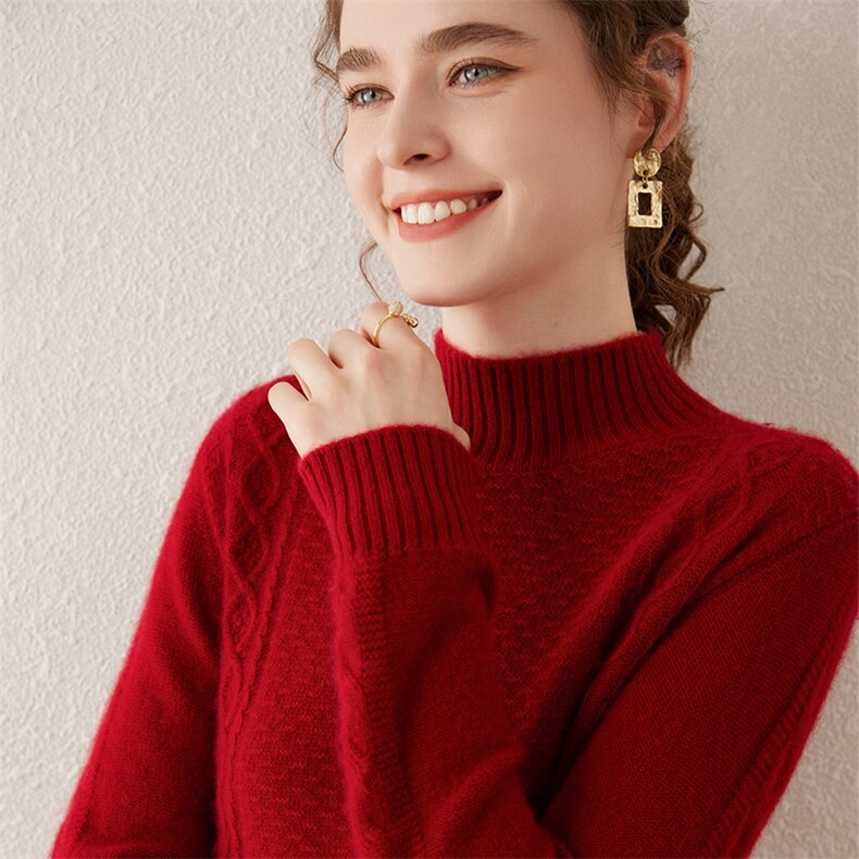 加厚半高领纯山羊绒衫女秋冬季正反针菱形宽松套头羊绒毛衣,女装羊绒衫,轩妮羊绒