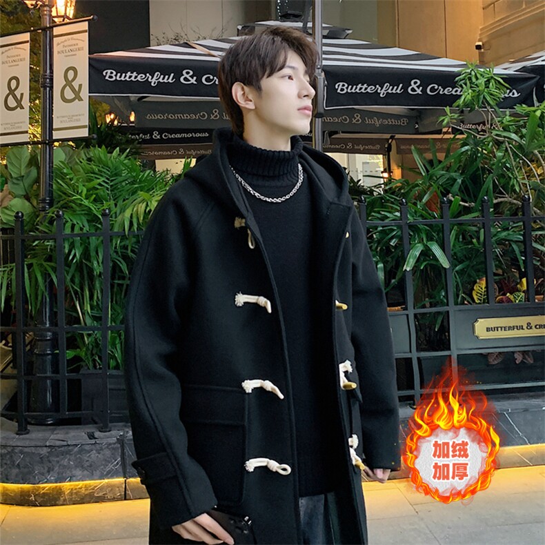 24新款加绒加厚长款牛角扣连帽毛呢大衣504-F16-P120控158，男装毛呢大衣，星座504