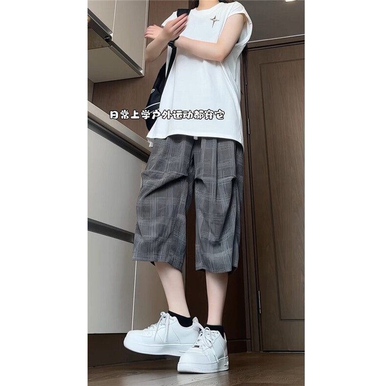 夏装时尚宽松休闲格子七分裤男士菠萝裤垂坠感短裤K6610-特P35,男装牛仔裤,电商A006